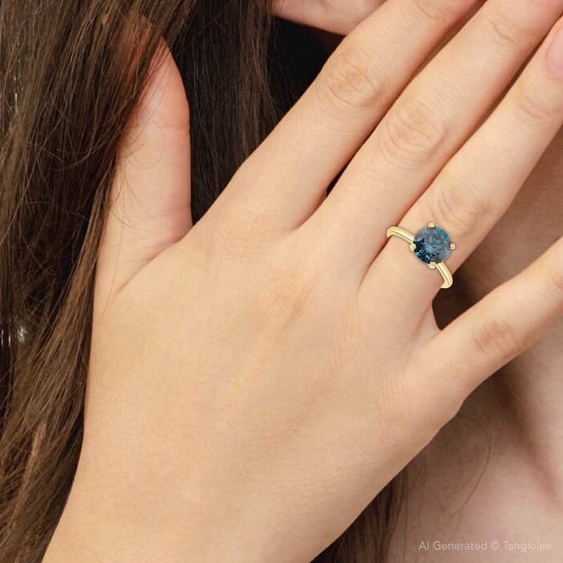 1 1/2Ct Round Blue Diamond Engagement Ring White or Yellow Gold Lab Grown