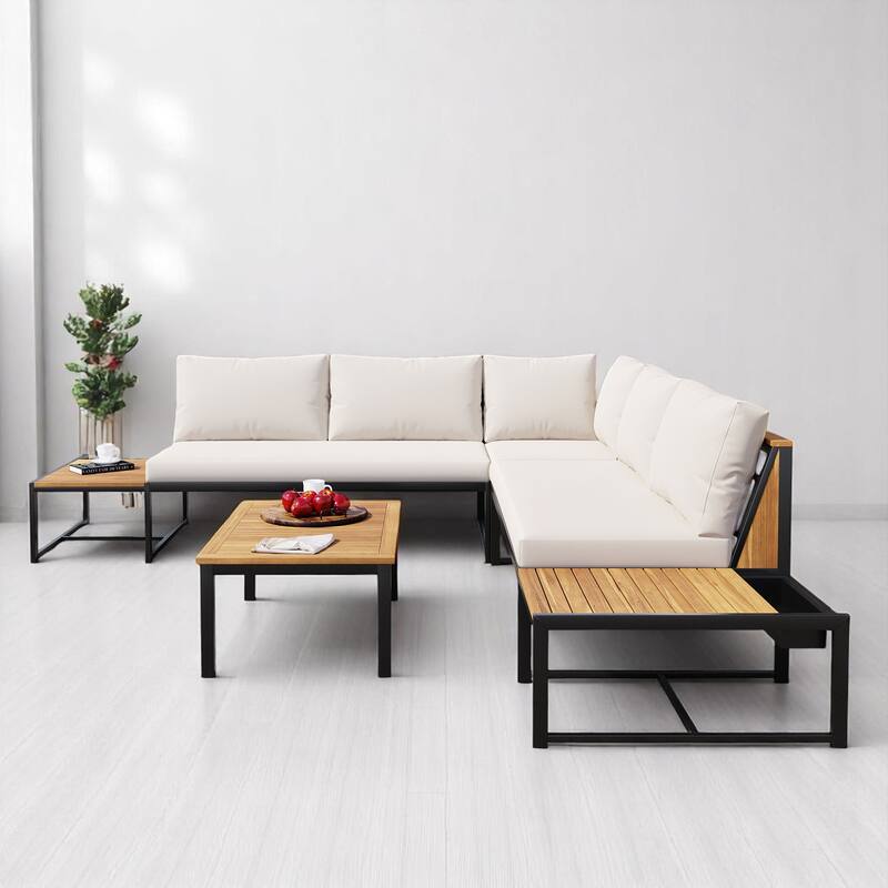 4-Piece Outdoor Sofa Set with Loveseat, Corner Chair, Coffee Table, and Cushions, Iron and Acacia Wood Frame,Patio Furniture set