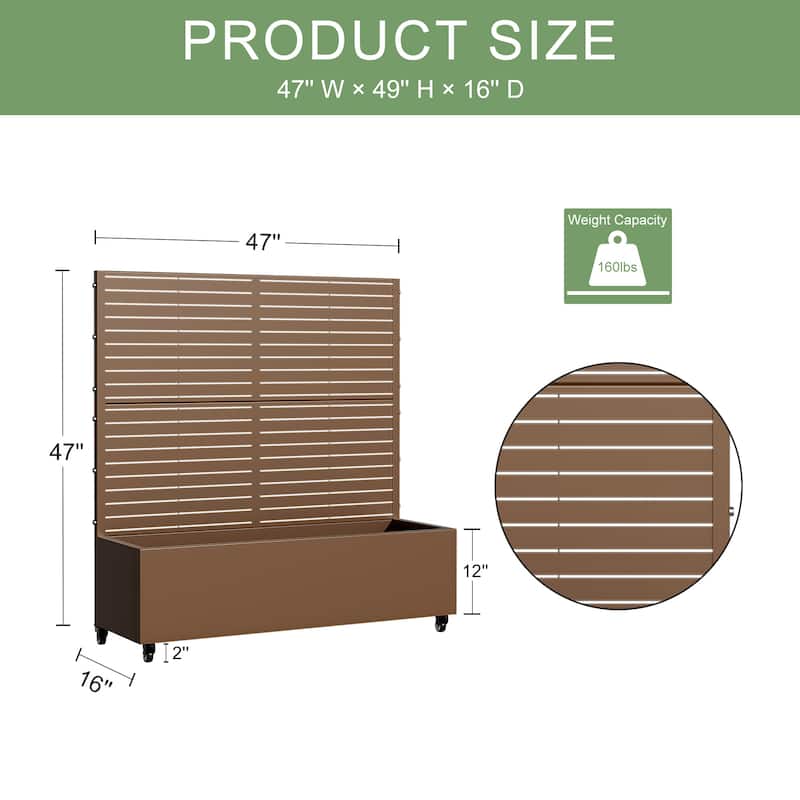 Metal Movable Planter Box with Trellis Privacy Screen Planter Box with Lockable Wheels - 47"x47"