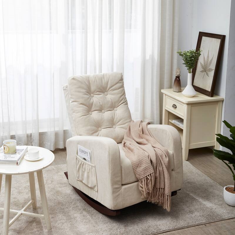 Beige Adjustable Recliner for Balcony or Tatami, with High Back Design, Solid Wood Legs, and Side Storage Pockets