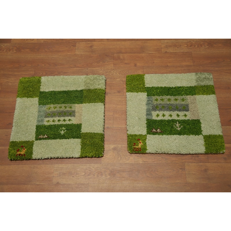 Hand Knotted Oriental 100% Wool Carpet Tribal Tribal Green Gabbeh Area Rug - 1' 4'' X 1' 4''