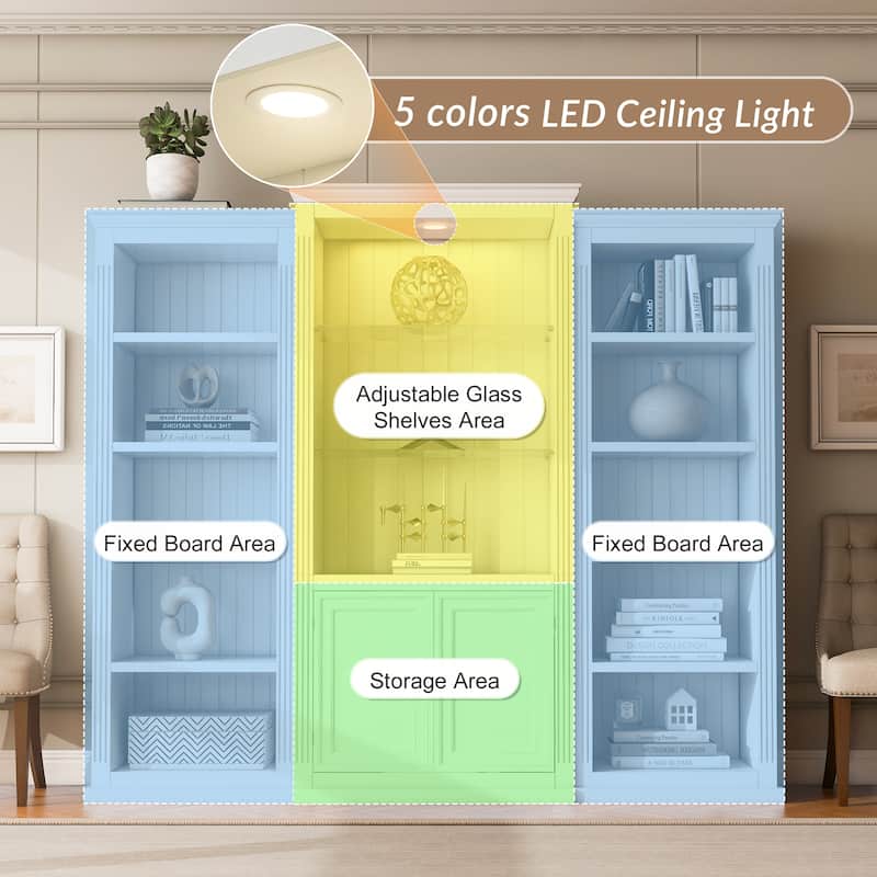 3-Piece Bookcase Cabinet Set with Adjustable Glass Shelves, Display Storage Cabinet with 5-Color LED Lighting