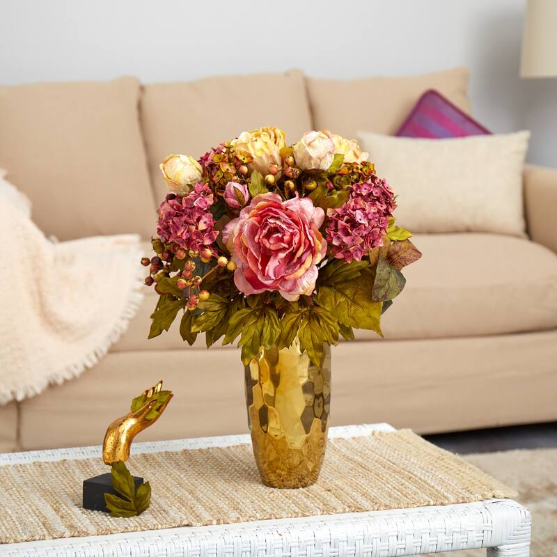 19" Peony Artificial Arrangement in Gold Vase