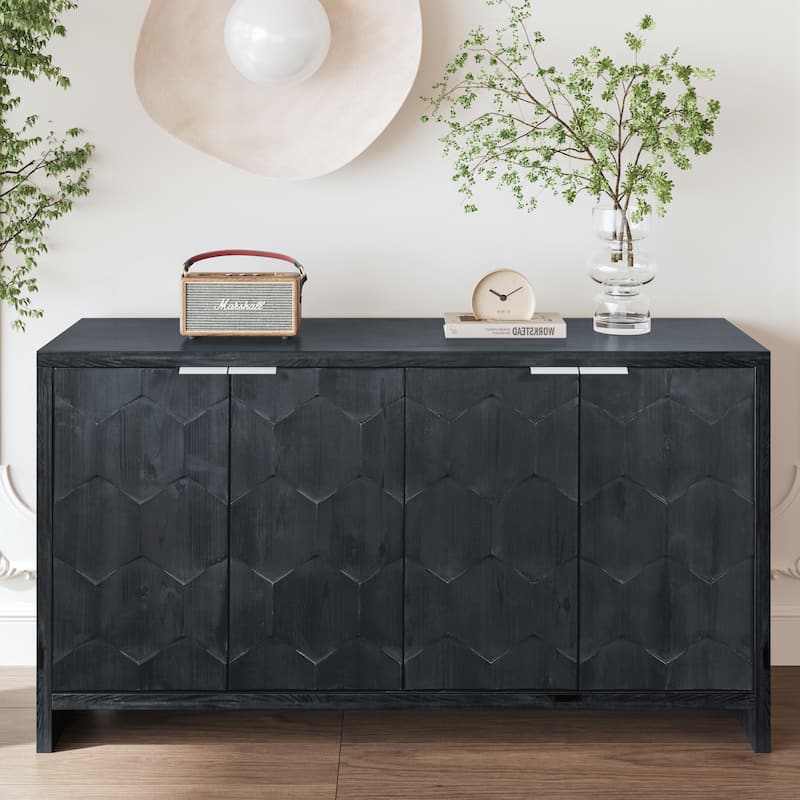 Farmhouse Style 4 Door Wooden Cabinet Sideboard Buffet - Antique Black