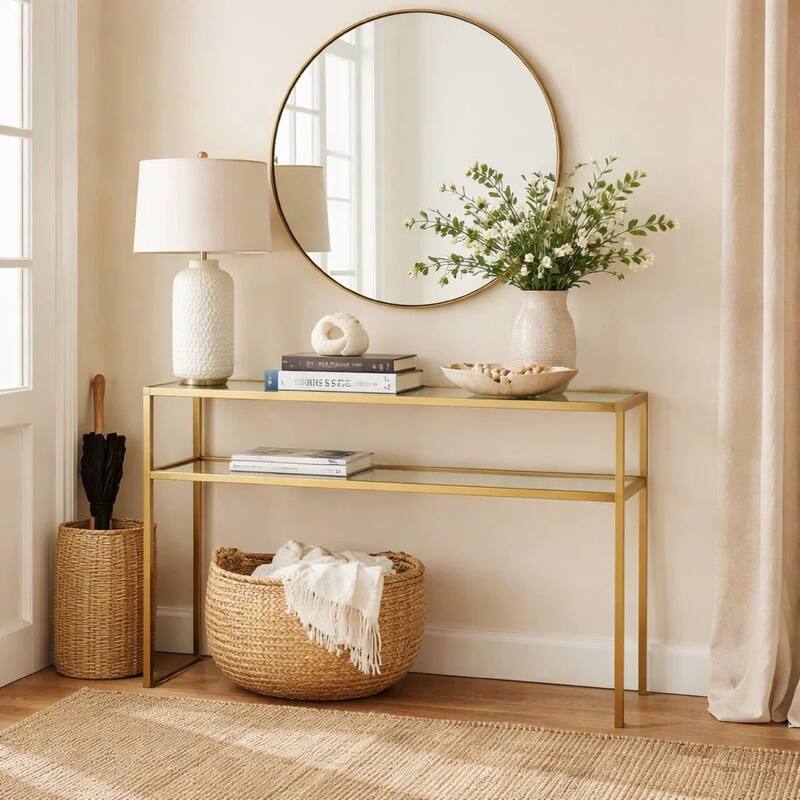 Ted Sofa Console Table w Open Shelf, 48 Inch Glass Top, Gold Iron