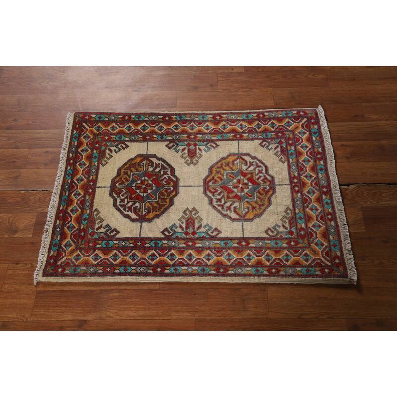 Geometric Kazak Foyer Rug Handmade Beige Traditional Wool Carpet - 2'0" x 3'0"