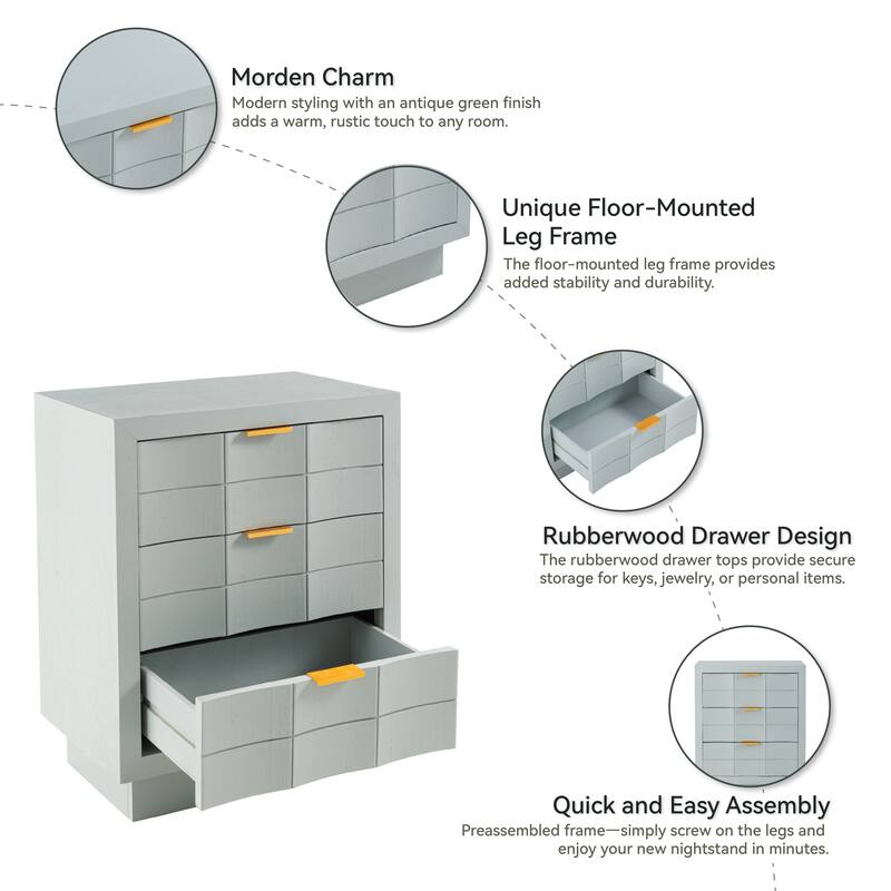 COZAYH Modern 3-Drawer Nightstand, Mid-Century Design with Full-Contact Base Corners