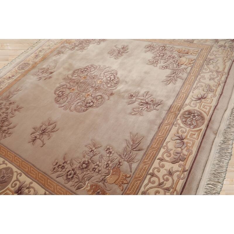 8'6''x8'6'' Round Hand Knotted Wool Taupe Aubusson Savonnerie Pile Rug - 8' 6'' x 8' 6''-Square