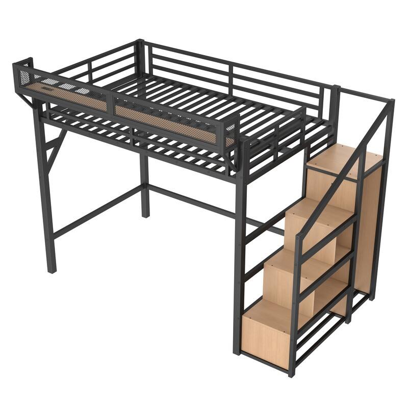 Queen Size Loft Bed with Storage Staircase & Open Wardrobe, Metal Kids Teens Bed Frame with Charging Station & LED Light