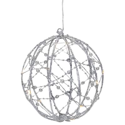 8" LED Silver Wired Christmas Hanging Ball Decor Warm White Lights