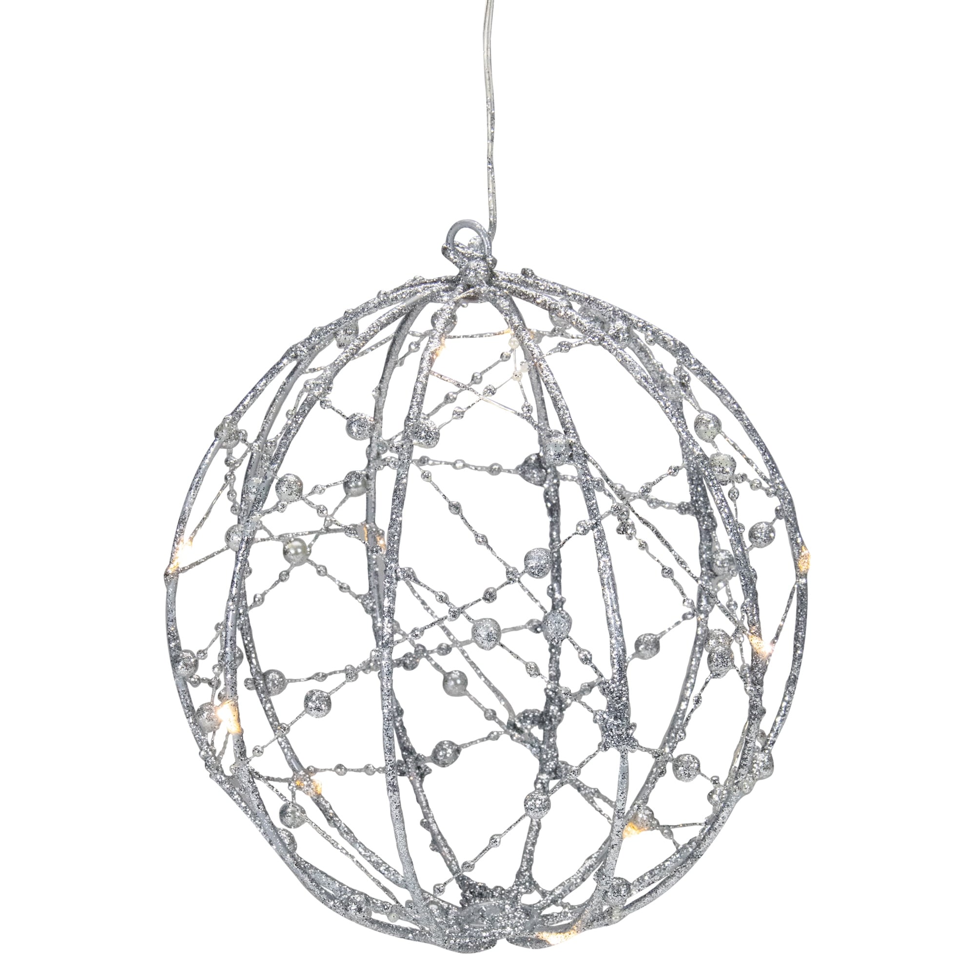8" LED Lighted Silver Wired Christmas Hanging Ball Decoration - Warm White Lights