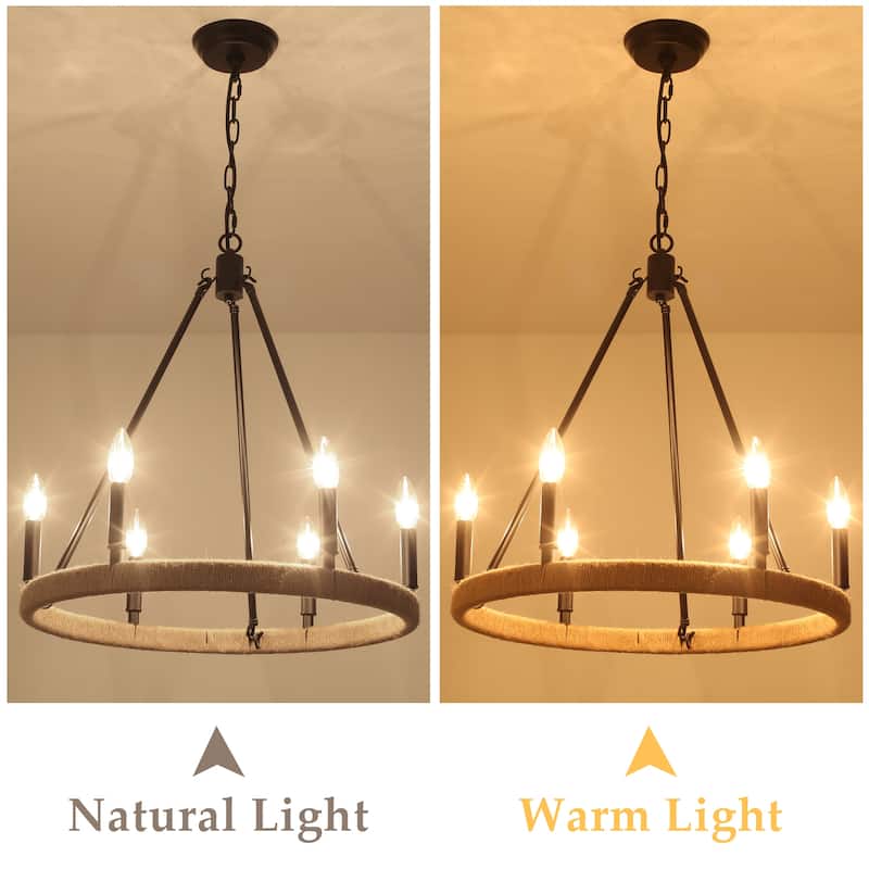 6-Light Rustic Hemp Rope Wagon Wheel Chandelier for Bedroom Foyer Entryway