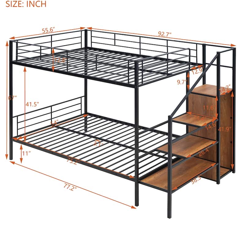Full Size Metal Bunk Bed with Lateral Storage Ladder and Wardrobe, Chrome Finish for Modern Bedrooms