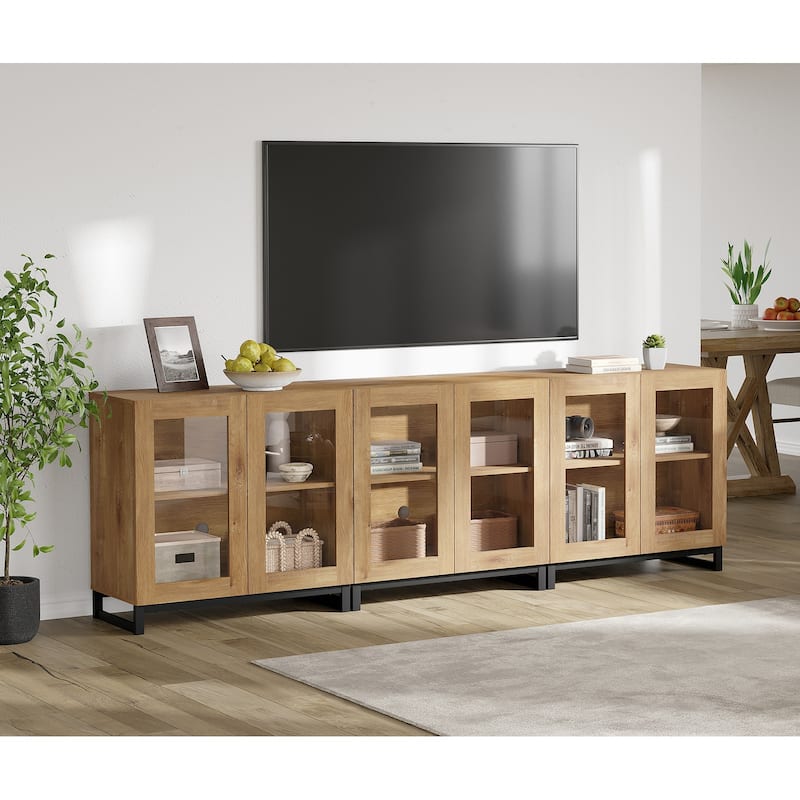 WAMPAT Modern TV Stand with Glass Doors for 110 inch TVs, Entertainment Center Console with Adjustable Shelves and Metal Base