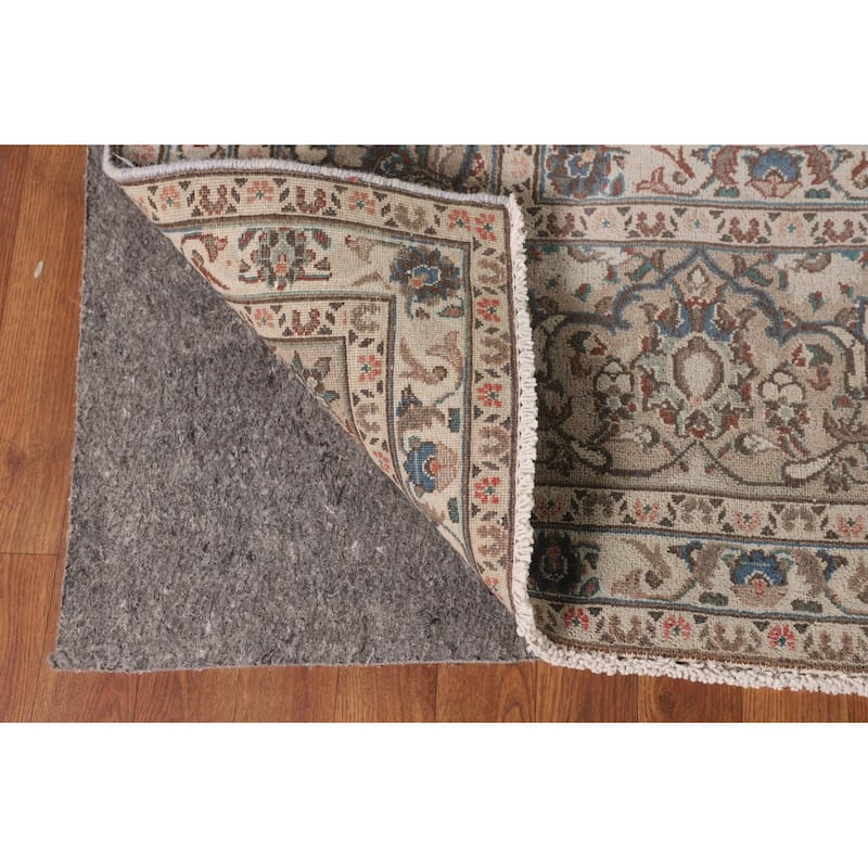 Beige Traditional Mashad Persian Vintage Rug Handmade Wool Carpet - 9'8"x 12'8"