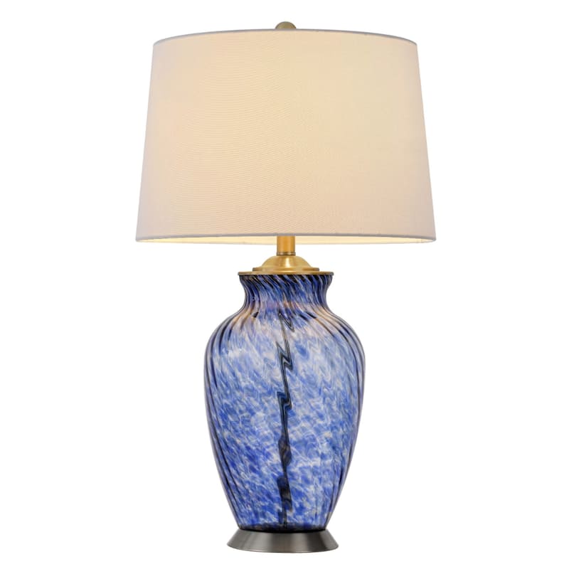 Blue Hand-Blown Glass Table Lamp with Black Metal Base and White Linen Shade - 16” x 16” x 28” (D x W x H)