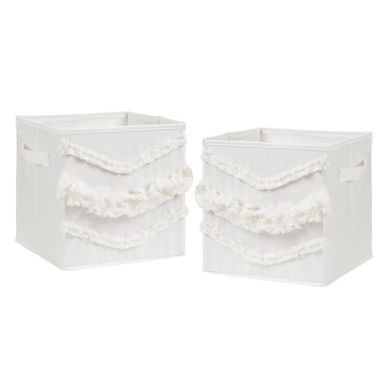 Ivory Boho Bohemian Collection Foldable Fabric Storage Bins - Gender Neutral Off White Farmhouse Chic Minimalist Fringe