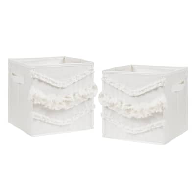 Ivory Boho Bohemian Collection Foldable Fabric Storage Bins - Gender Neutral Off White Farmhouse Chic Minimalist Fringe