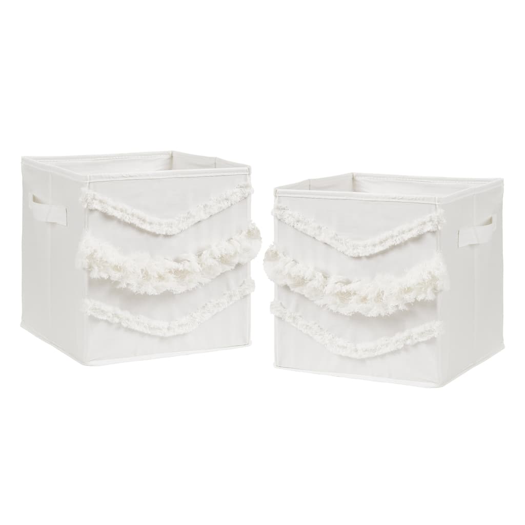 Ivory Boho Bohemian Collection Foldable Fabric Storage Bins - Gender Neutral Off White Farmhouse Chic Minimalist Fringe