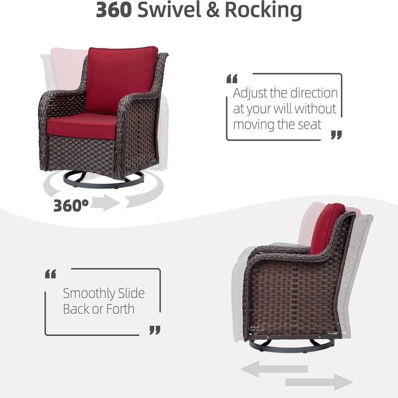 Outdoor Wicker Furniture Set 3-Piece Swivel Glider Rocking Chair and Coffee Table