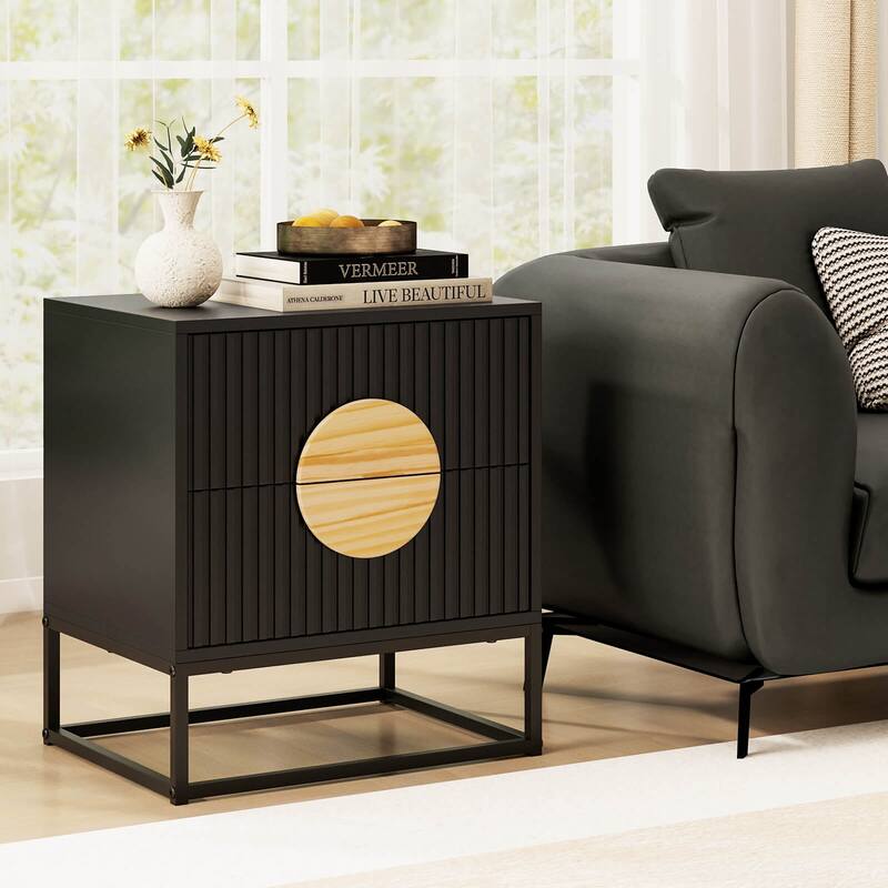 Costway 1/2 PCS Fluted Nightstand with 2 Drawers with Pine Wood