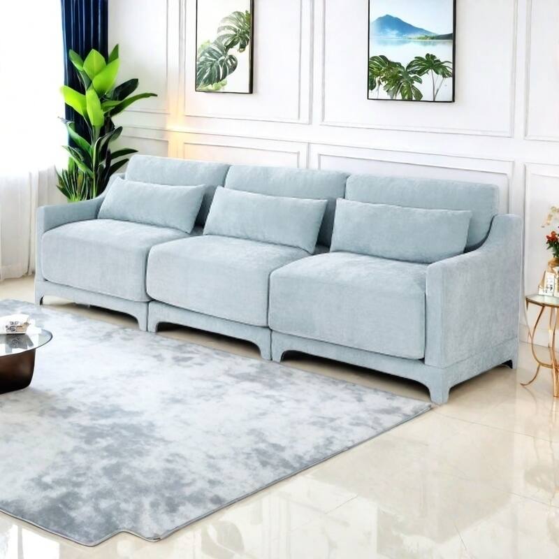 Modern Chenille 4-Seater Sofa with 2 Ottoman, Lumbar Cushions, Ergonomic Backrest, High-Resilience Spongeand Tufted Armrests - 3 Seater Blue