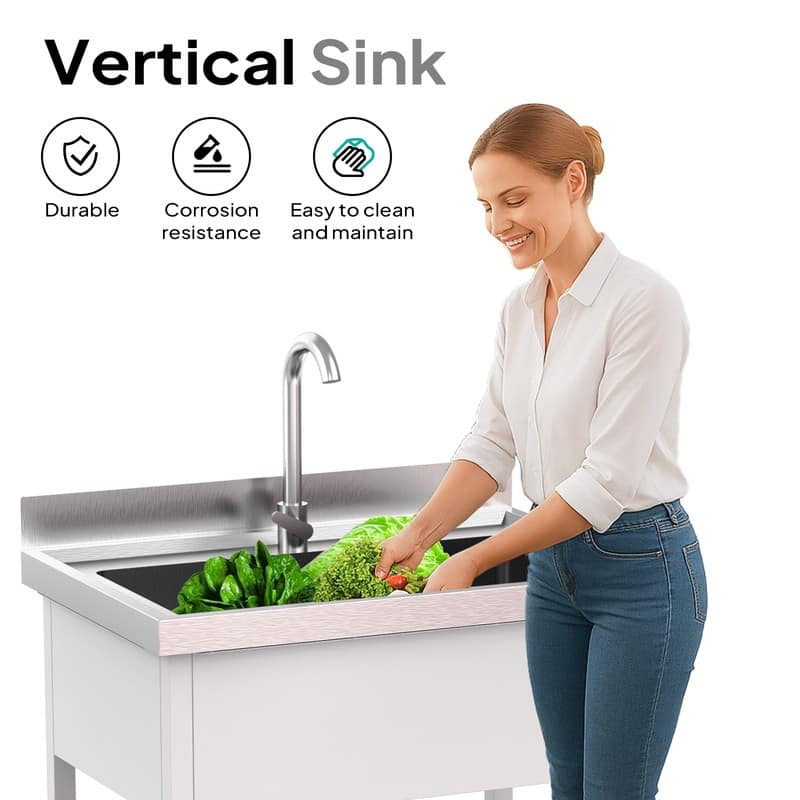 28.3 In. Freestanding Single Basin Stainless Steel Utility Sink With Shelves