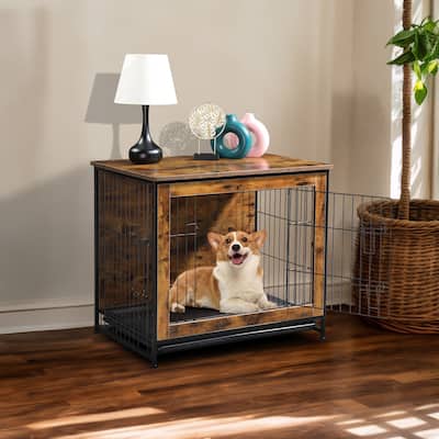 Rustic Brown Wooden Double Doors Dog Crate with Cushion and Adjustable Feet