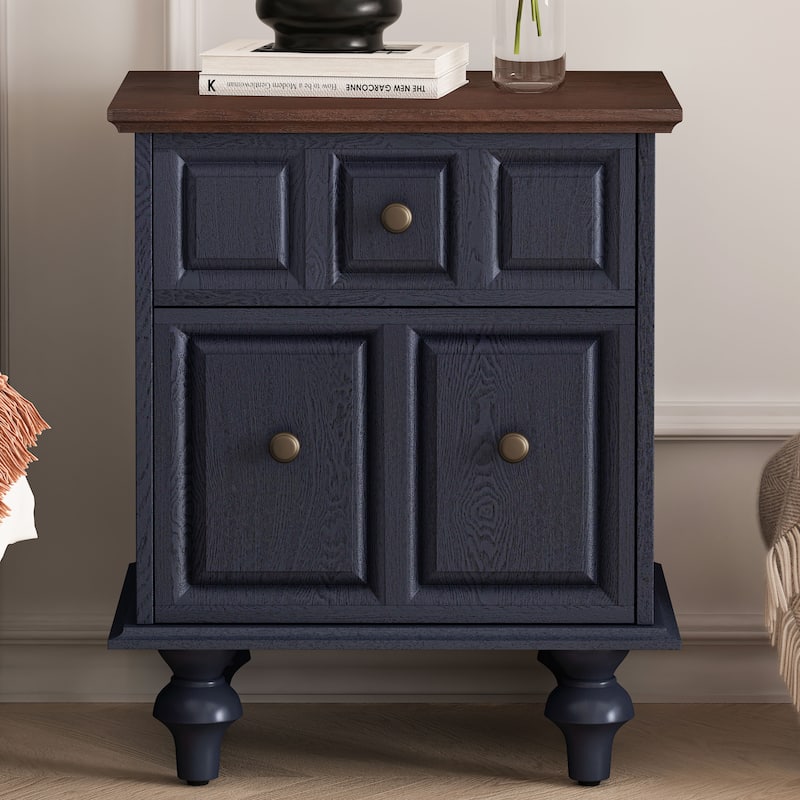 20.47" Vintage Nightstand with 2 Drawers and Roman Column Legs, Solid Wood Bedside End Table, Bedside Cabinet - Dark Blue