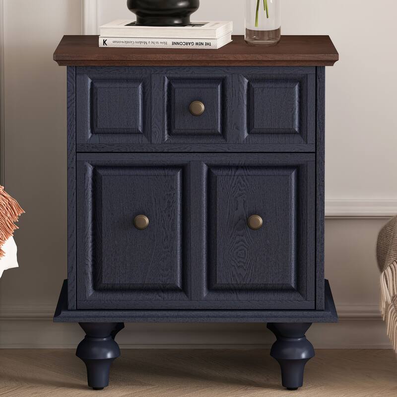 20.47"Vintage Nightstand with 2 Drawers and Roman Column Legs, Solid Wood Bedside End Table, Bedside Cabinet - Dark Blue