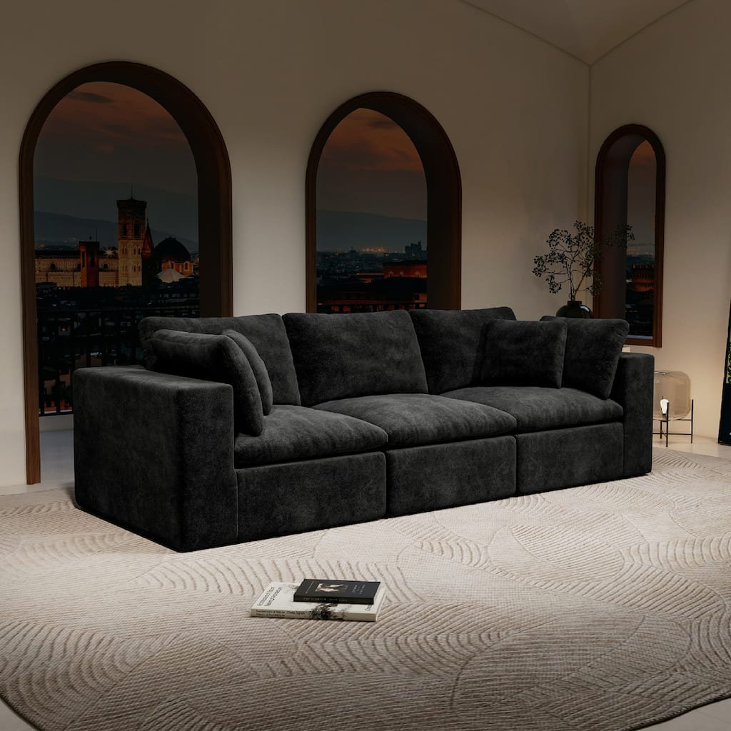 Roomfitters 108.3" Modular Sectional Sofa, 3-Piece Compressed Cloud Couch, No Assembly Required, Plush Corduroy, Black