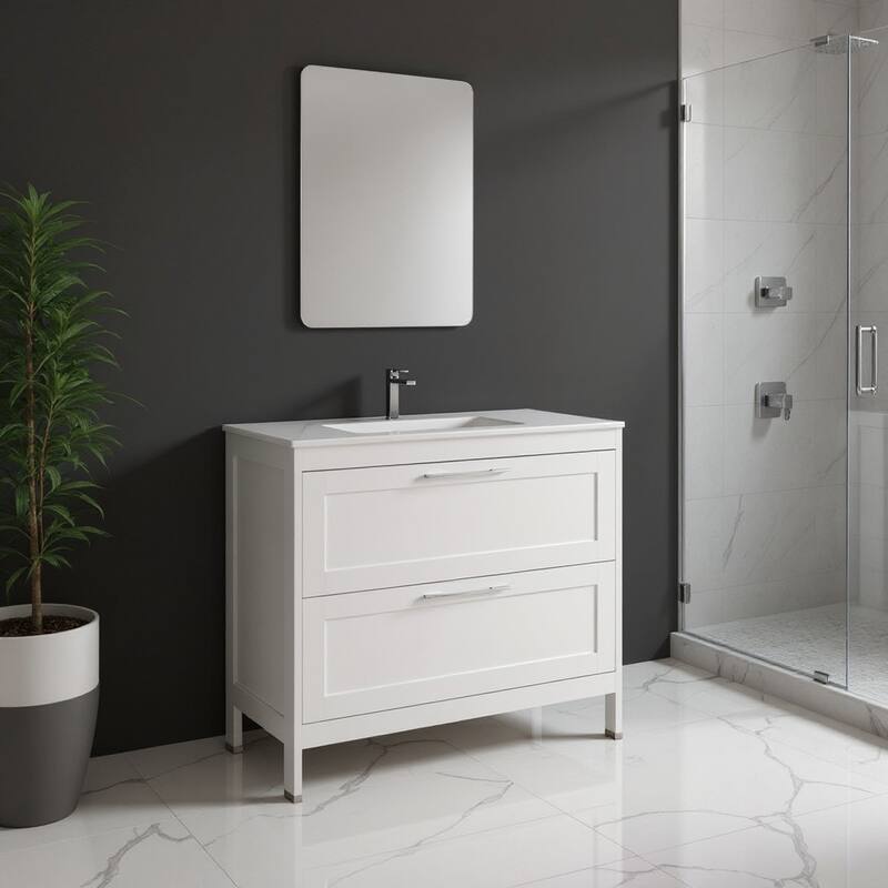 HomeRoots 40" White Wood Freestanding Bathroom Vanity With White Sink And Two Drawers - 40.00 in. x 35.06 in. x 17.75 in. - 40.00 in. x 35.06 in.  x 17.75 in. - Polished - White