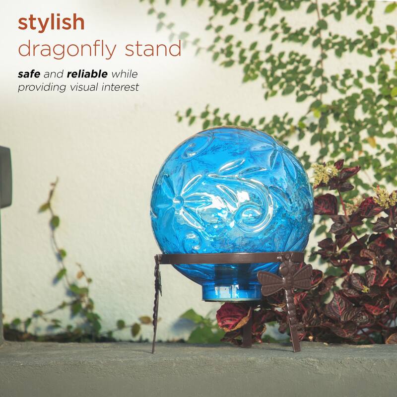 Alpine Corporation 13" Tall Indoor/Outdoor Pearlized Blue Glass LED Gazing Globe with Stand