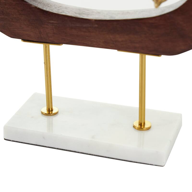 Gold Aluminum Metal Bird Sculpture with Brown Wooden Frame and Marble Base