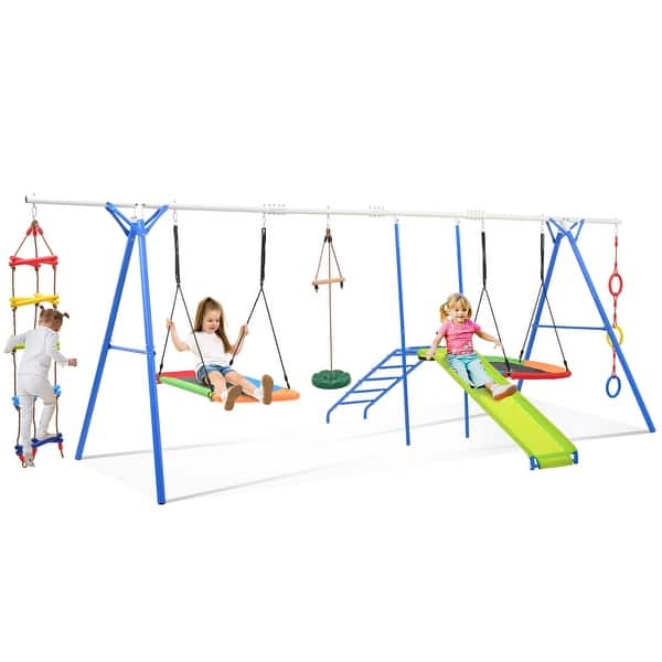 slide 2 of 8, 6-in-1 Outdoor Backyard Kids Swing Set Playground Playset with Slide 6-in-1
