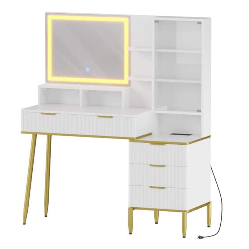 Makeup Vanity Desk with Lighted Mirror, 5 Drawers, Storage Shelves, Power Outlets