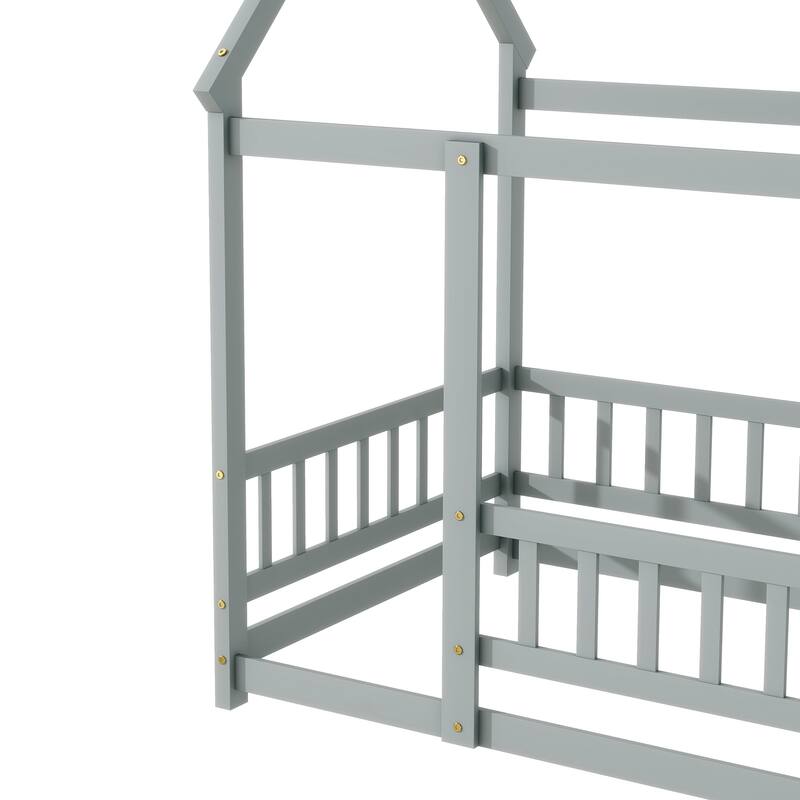 Twin Floor Bed with House Roof Frame, Safety Guardrails, and Fence Design