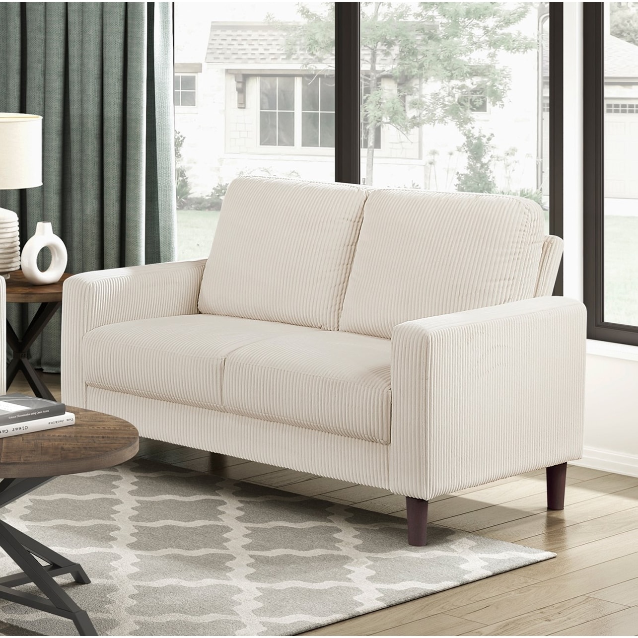 Modern Contemporary Beige Corduroy Upholstered Loveseat Comfortable Cushion, Solid Wood Living Room Furniture 1pc