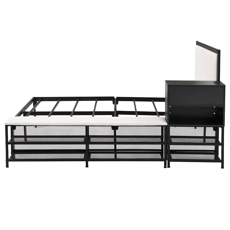 Full Size Metal Bed with Storage Shelves and Built-in Wooden Cabinet