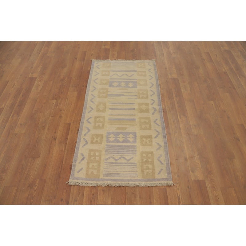 Hand Woven Oriental 100% Wool Carpet Southwestern Tribal Beige & Ivories Kilim Area Rug - 4' 3'' X 2' 1''