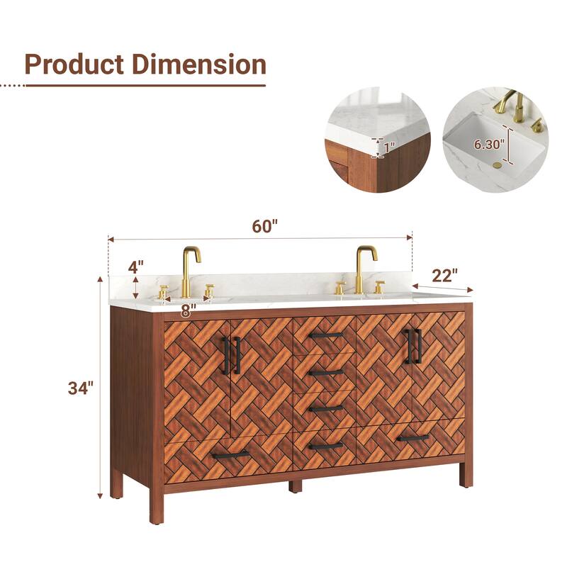 60" Freestanding Bathroom Vanity with Engineered Stone Top, Ceramic Double-Sink, Built-In Power Outlet, and Hair Dryer Storage
