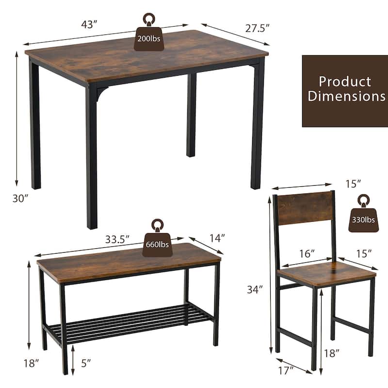 4PCS Dining Table Set Rustic Desk 2 Chairs Bench Storage Rack