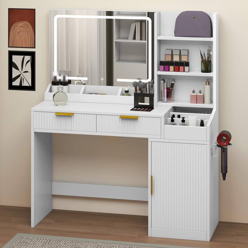 Moasis Makeup Vanity Desk with Power Outlet and 2 Drawers&3 Color Lighting Modes - White
