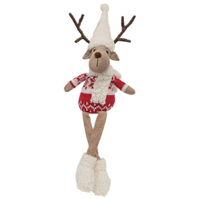 17 Inch Plush Reindeer Shelf Decor with Cozy Sweater Hat and Fuzzy Boots for Holidays - 17" H x 6" W x 3.5" D