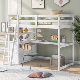 Loft Bed with Desk and Shelves, Two Built-in Drawers