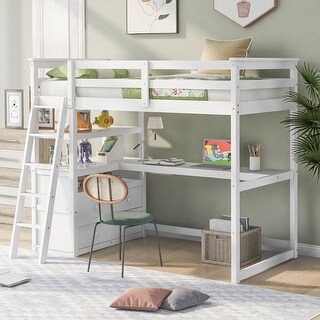 Twin Size Loft Bed with Desk, Shelves, and Two Built-in Drawers in White, Modern Design for Kids' Rooms