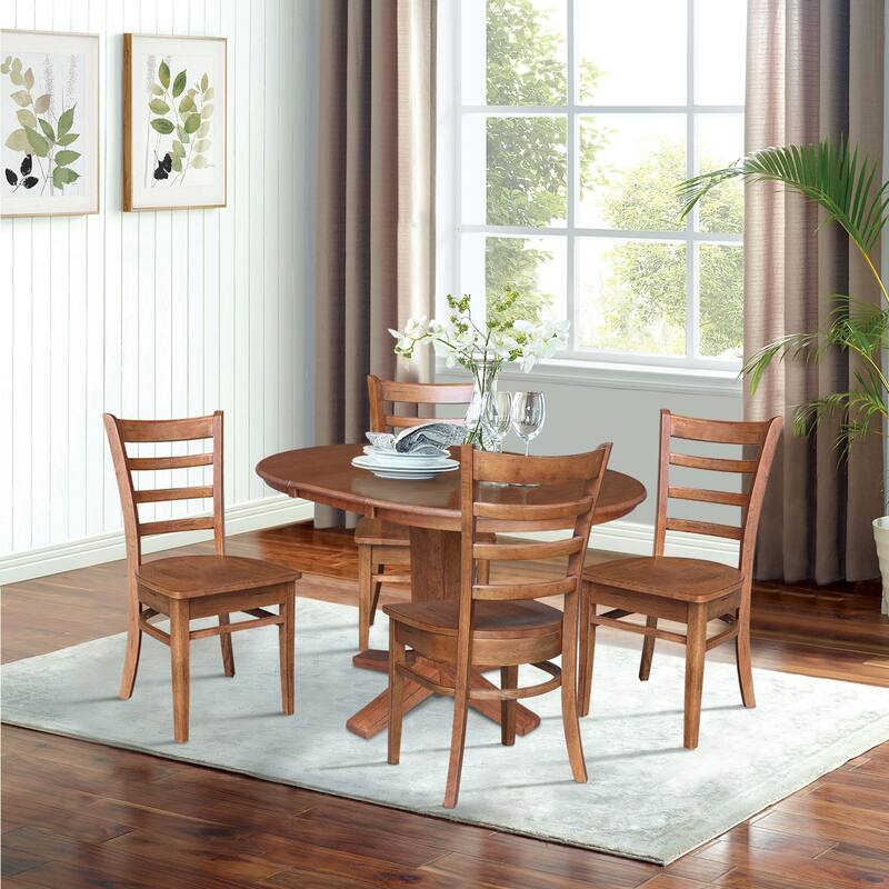 36 in Round Extension Dining Table with 12 in Leaf and Dining Chairs - Distressed Oak