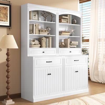 White Bathroom Storage Cabinet with Four Doors, Drawers, Adjustable Shelf & Six Open Shelves - Durable MDF Construction, Combo