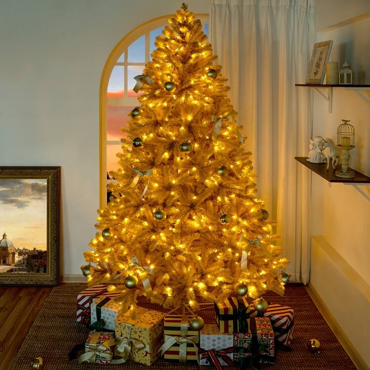 Maria Gold Christmas Tree Prelit, Realistic Artificial Christmas Tree with Lights