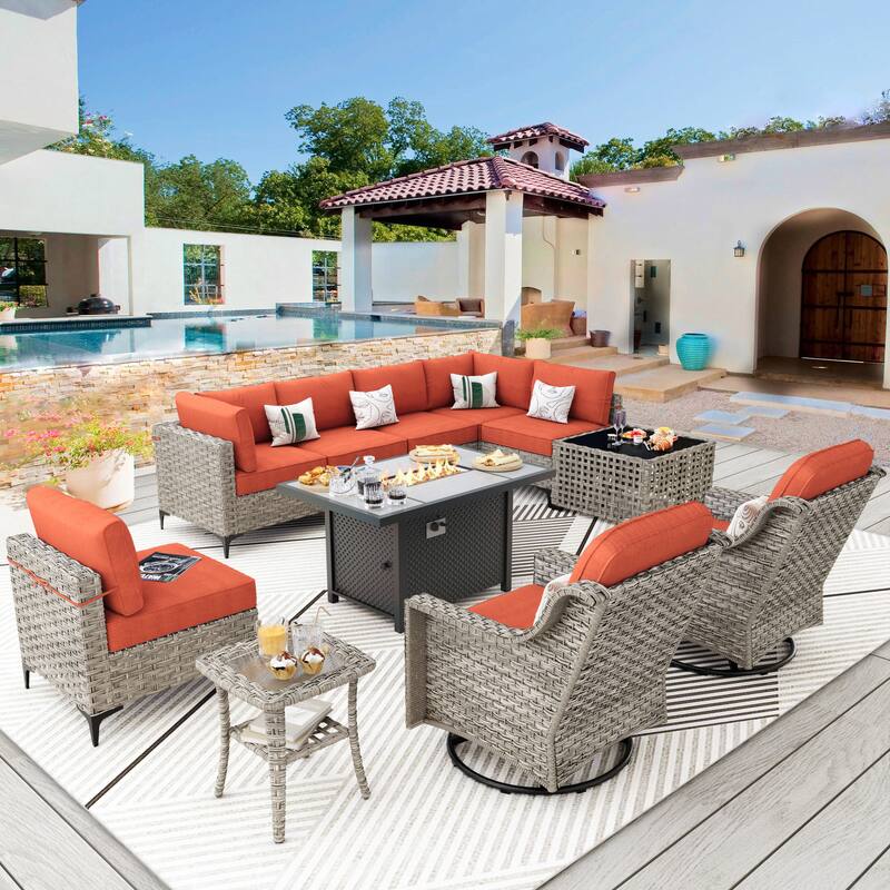 XIZZI 11-piece Patio Rattan Wicker Furniture Set with Fire Pit Table - Red